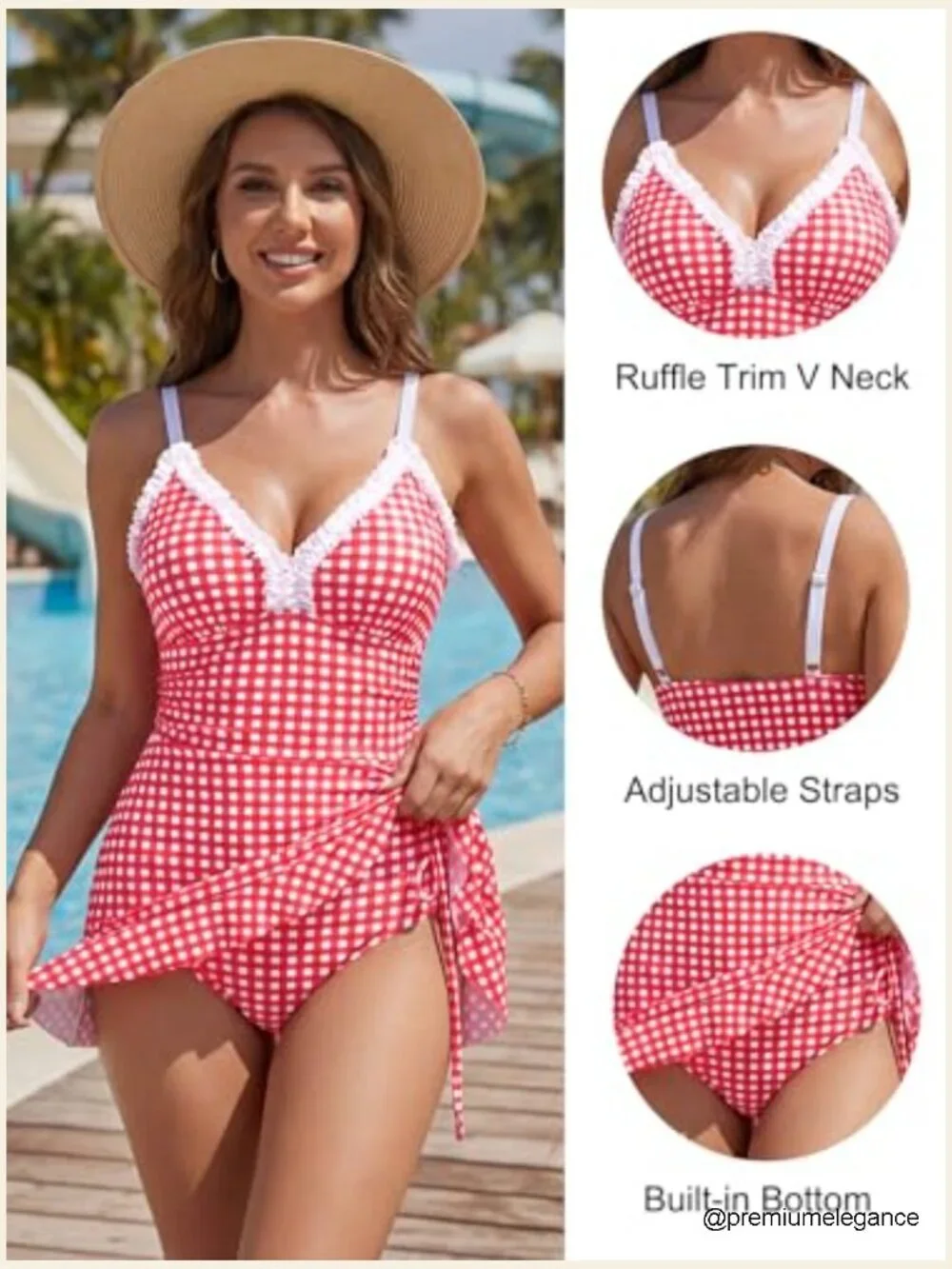 Tummy Control One Piece Swimsuit Retro Ruffle Swim Dress with Adjustable Straps